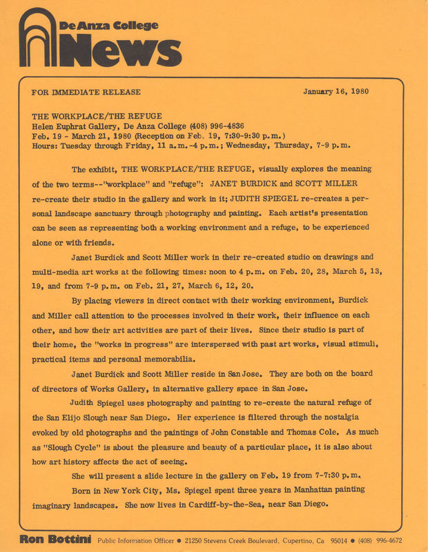 De Anza College press release on orange-gold paper with De Anza arches logo.