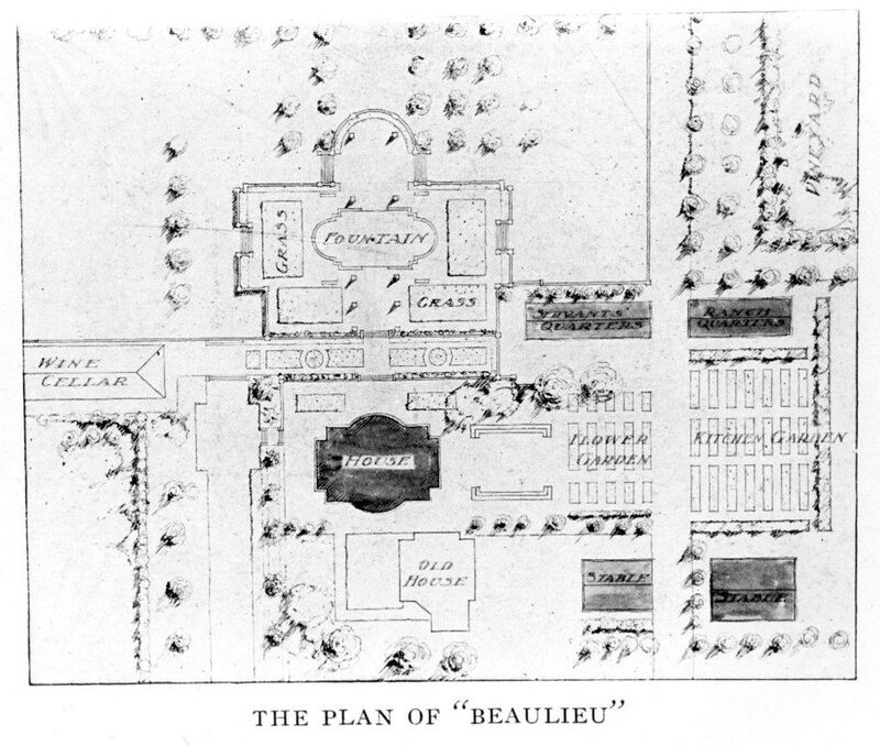 This drawing from the early 1900s shows a portion of the layout of the Baldwin estate. The wine cellar building still stands on campus today. The two buildings to the right of the fountain area were adobe buildings that housed servants.  One of the two adobe buildings has been newly constructed as a reproduction of the original.