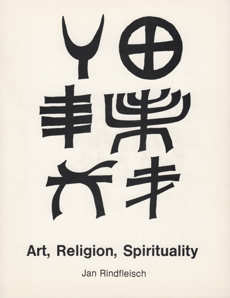Cover of book entitled 'Art, Religion, Spirituality.' Six ancient religious symbols in black, with a white background.