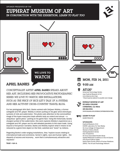 Flyer connected with 'Learn to Play' exhibition. April Banks event. Computer monitors and TV with little red hearts on the screens.