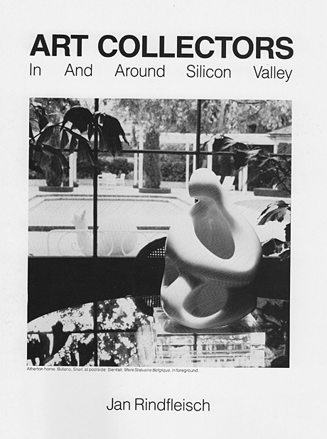 Cover of book entitled 'Art Collectors.' Photo of well-to-do Silicon Valley home with small abstract sculpture inside on table and large snail sculpture outside the window by the pool.