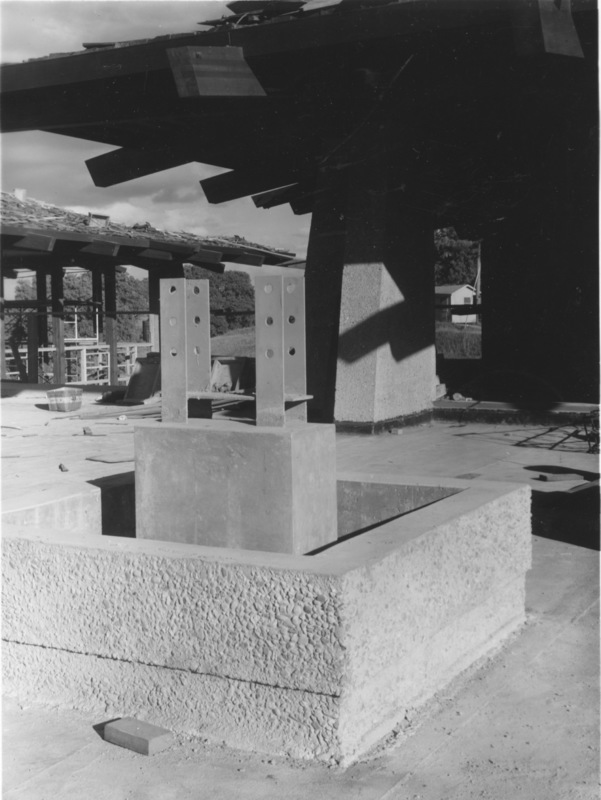 Concrete blocks and metal supports were used to support a roof over the entrance to the original Campus Center.