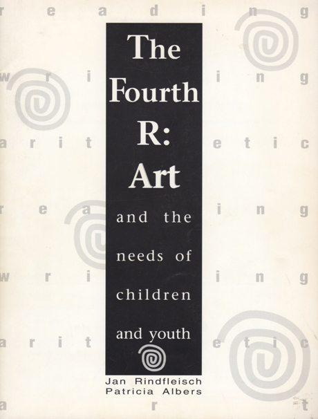 Cover of book entitled 'The Fourth R' has graphic design with light gray spirals and small spaced out letters of 'reading,' 'writing,' and 'arithmetic.'