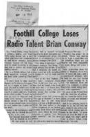 News article announcing the departure of Brian Conway for Great Britain. Conway, a British citizen with a permanent visa, is leaving Foothill and the U.S. for a few years to avoid being drafted into the army.
