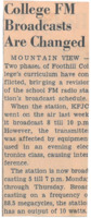 News article announcing a change in KFJC's broadcasting schedule from 8:00 - 10:00 to 5:00 - 7:00 PM due to interference from equipment used in an evening electronics class.
