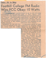 News article announcing FCC approval for KFJC, 10 watts at FM 88.5.