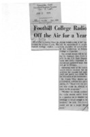 News article announcing that KFJC will go off the air for a year because the trustees will not authorize $9,000 to relocate the transmitter. Calvin Flint says of KFJC, "It's loss would not be a major detriment."
