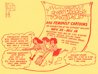 Cartoon of three women running with pen, ink, and paper; info in text bubbles.