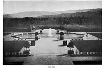 The Baldwins, who owned Le Petite Trianon in the early 1900s, had the first private swimming pool in Cupertino. This view is taken from the steps of the Pavilion,  now known as The California History Center. Just behind the curved section of concrete fence is the current location of the Learning Center at De Anza College.  