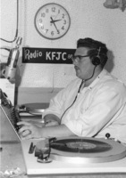 John Davis at the broadcast desk of KFJC in the basement of Foothill College in Mountain View.