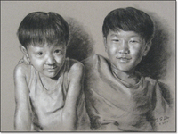 Drawing of two young boys, facing forward, one with arm around the other.