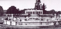 This image of Le Petite Trianon (The California History Center) was likely taken in the early 1900's. The older home of the Baldwins can be seen just over the roof of the newer Pavilion building. One of the adobe buildings that was used to house servants can be seen just to the left of the Pavilion, partially hidden by trees. The picture was taken from the location where the DeHart Learning Center now stands.