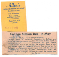 News article announcing KFJC will be on the air in May, 1959.