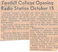 News article announces KFJC to go on air October 15 according to Foothill's Director of Public Information Ervin L. Harlacher. Harlacher also notes that the antenna had just been hoisted atop the main college building.