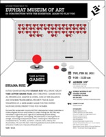 Flyer connected with 'Learn To Play' exhibition. Event with Susana Ruiz and Take Action Games. Game console with numerous red hearts on the screen.