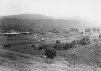 Looking SouthWest across what is now Parking Lot 2 at Foothill College, the gymnasiums can be seen at the top of the hill on the left side of the photo. 