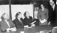 The first Board of Trustees meets at the storefront offices located at 176 Second Street in downtown Los Altos. Seated left to right: A. P. Christiansen, Dr. Howard G. Diesner, Dr. Robert C. Smithwick (Chairman,)  Mrs. Mary Levine, Robert F. Peckham. 