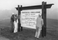 A sign is erected announcing the construction of Foothill College.