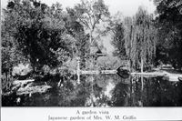 A view of the Griffin fish pond, Japanese garden and tea house. This image is likely from a locally produced postcard. Date of photo unknown. 