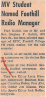 News article announcing Fred Kulick, Jr., as new station manager of KFJC and other students as editors of the Foothill Sentinel.