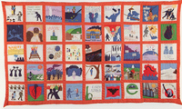 Rectangular quilt with 45 squares each depicting history. Orange fabric borders.