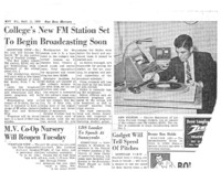 News article announces that KFJC will be broadcasting soon. Article notes that the station will broadcast from the basement of Foothill College in Mountain View. Trustees had considered waiting to begin broadcasting until the station could be installed at the new Foothill campus in Los Altos Hills but station manager Bob Ballou convinced them to reconsider. Photograph of student Charles Henderson at the broadcast desk. 