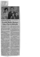 News article announcing that KFJC station manager Ken Clark is leaving the U.S. to take a State Department sponsored post in Ethiopia helping to develop that nation's radio system.  Clark is credited with helping to win national and international acclaim for KFJC. Photograph of Clark with family.