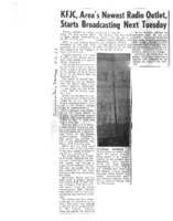 News article announcing that KFJC will start broadcasting October 13. Article notes that Bob Ballou applied for a FCC license with the help of R.A. Isberg and began constructing the station in the basement of Foothill College in Mountain View in April. The antenna was lifted onto the roof of the college by Ballou and Russel Rhoades on September 26. Photograph of raised antenna including Bob Ballou, Bryon Ballou (father), Bud Seeley (maintenance staff), Roger Murray, Nathan Ballard and Jim Fernbaugh (students).