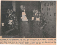 Photograph of KFJC announcers Fred Kulick and Bruce Wentler as they welcomed one of more than one hundred guests to the radio station's first open house.