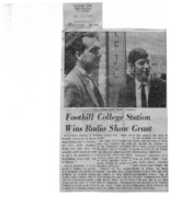 News article announcing that KFJC has won the $1,000 top prize from the National Association of Educational Broadcasters for its 13-part series "Age of Thunder", created by Brian Conway. Photograph of Brian Conway and station manager Ken Clark. 