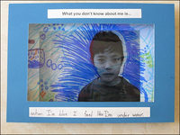Art with child's face, blue background, and words 'when I'm blue I feel like I'm under water.'
