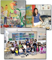 Composite of three photos: a student artwork, a student with her art , and a classroom of students in front of their paintings.