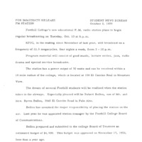 Press release announcing that KFJC will start broadcasting on October 13. Program material will consist of good music, lecture series, jazz, drama and special service programs. Bob Ballou's numerous contributions to the new station are noted as well as the progress of equipment installation including the antenna.