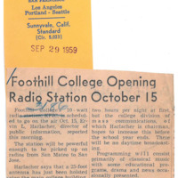 News article announces KFJC to go on air October 15 according to Foothill's Director of Public Information Ervin L. Harlacher. Harlacher also notes that the antenna had just been hoisted atop the main college building. 