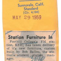 News article announcing that KFJC has new furniture, some of it built by manager Bob Ballou and his father.