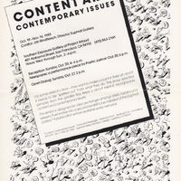 Exhibition info is superimposed on myriad of tiny drawings of people and their issues, e.g. a crying baby's text bubble complains about teething.