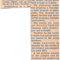 News article announcing KFJC to go on the air October 13. Article names Bob Ballou as station manager, Roy Ruth as program manager and Roger Murray as traffic manager.