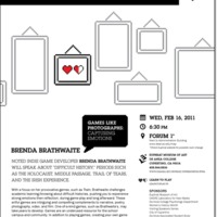 Flyer connected with 'Learn to Play' exhibition. Event with Brenda Braitwaite. Abstract frames with little red hearts in one of them.