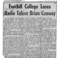 News article announcing the departure of Brian Conway for Great Britain. Conway, a British citizen with a permanent visa, is leaving Foothill and the U.S. for a few years to avoid being drafted into the army.