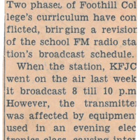 News article announcing a change in KFJC's broadcasting schedule from 8:00 - 10:00 to 5:00 - 7:00 PM due to interference from equipment used in an evening electronics class.