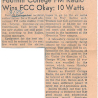 News article announcing FCC approval for KFJC, 10 watts at FM 88.5.
