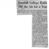 News article announcing that KFJC will go off the air for a year because the trustees will not authorize $9,000 to relocate the transmitter. Calvin Flint says of KFJC, "It's loss would not be a major detriment."