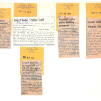 Five news articles from 1962; John Burt named KFJC station manager (3-5), new staff members chosen for KFJC (3-22), special program for Memorial Day (5-26), John Davis named KFJC station manager (6-14), storm stops KFJC's airing of "The Iceman Cometh" (10-16).