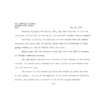 Press release announcing that KFJC has new furniture, some of it built by Bob Ballou and his father. The master console is to arrive sometime this week. The antenna will be raised pending approval from the Civil Aeronautics Authority. 