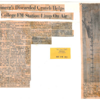 News article reporting on student Douglas M. Gardner's repair of the KFJC antenna on Black Mountain using an old crutch. The new signal is being studied by Foothill's electronic engineering division to decide whether the college should request a permit from the FCC to use a directional antenna. Photograph of Gardner on antenna with crutch.