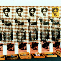 Installation with six identical images of a woman in a house dress, six different pairs of shoes.