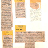 Five news articles from 1961: KFJC switches to 89.5 (5-25), KFJC starts broadcasting from Los Altos Hills campus (11-28), speech by Norman Thomas will be aired on KFJC (12-7), speech by Thomas will be repeated (12-8), KFJC programming includes popular and classical music, book talks, campus events and variety shows (12-8). 