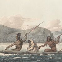Ohlone natives fishing on the San Francisco Bay in the early 1800s. Artist unknown.