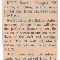 News article announcing KFJC's first semi-annual open house will be held on Thursday.