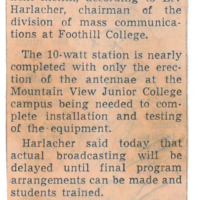 News article announcing that KFJC will go on the air sometime in October following the erection of the radio antennae at Foothill College in Mountain View, according to  Erv Harlacher, chairman of the division of mass communication at Foothill College.